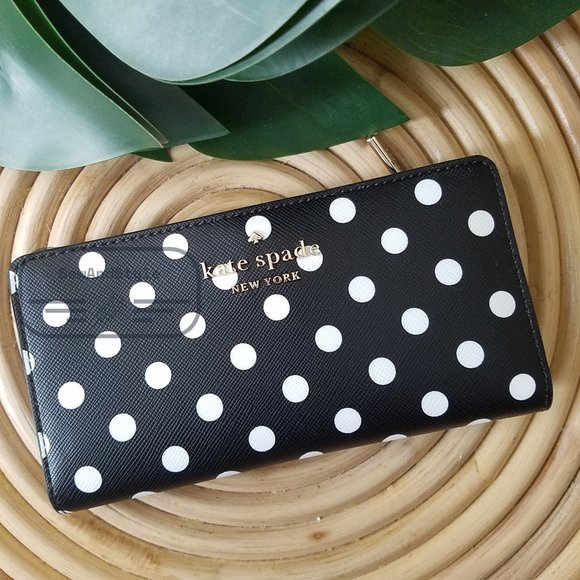 Kate Spade NWT Staci Large Wallet Polka Black Polka Dot Saffiano Leather